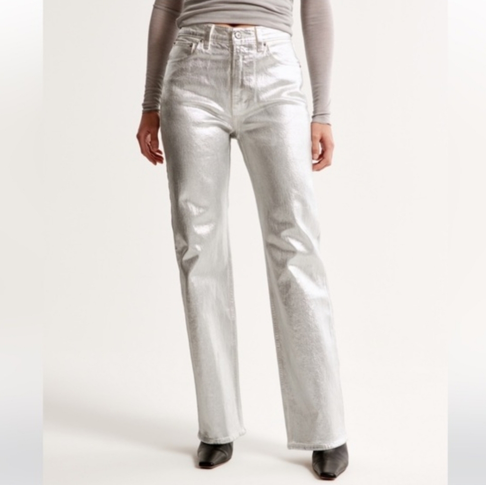 Abercrombie And Fitch High Rise Silver Metallic Straight-Leg Jeans
